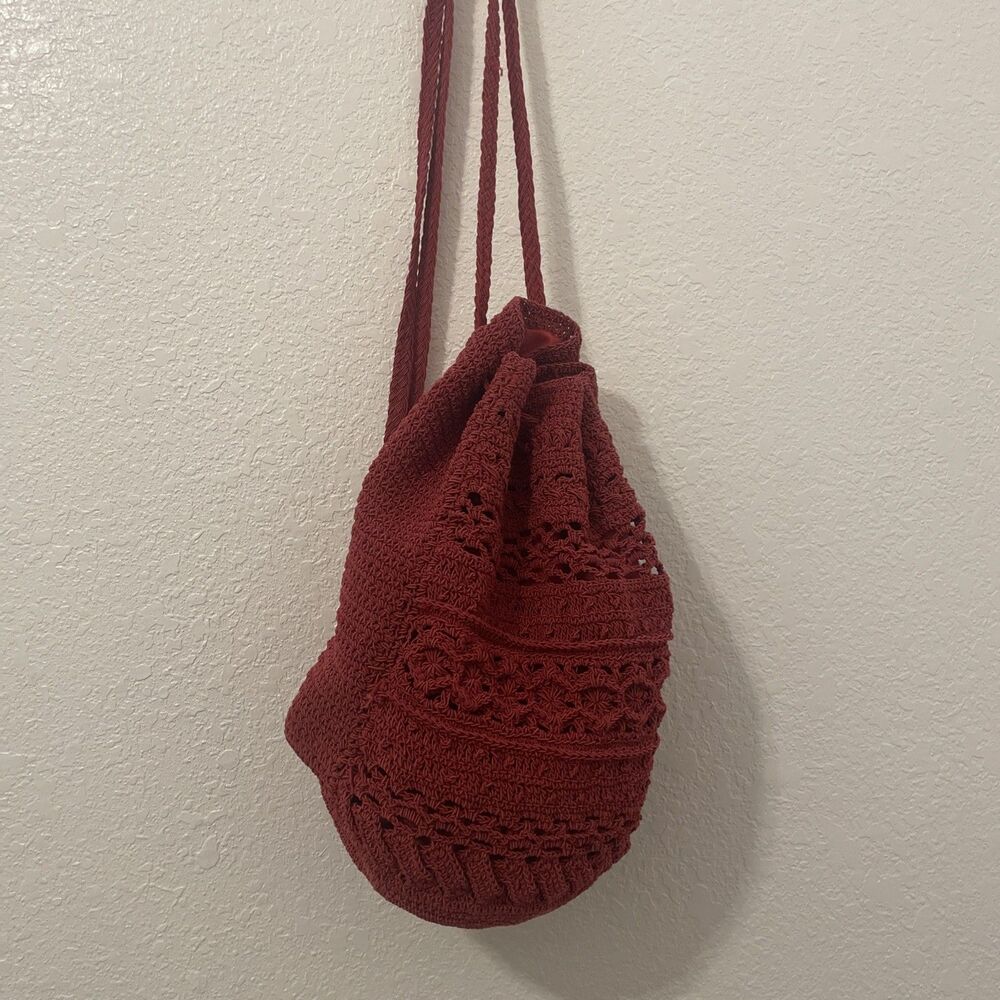 Cappella Strawworld Crochet Red Shoulder Backpack Bucket Handbag Bag